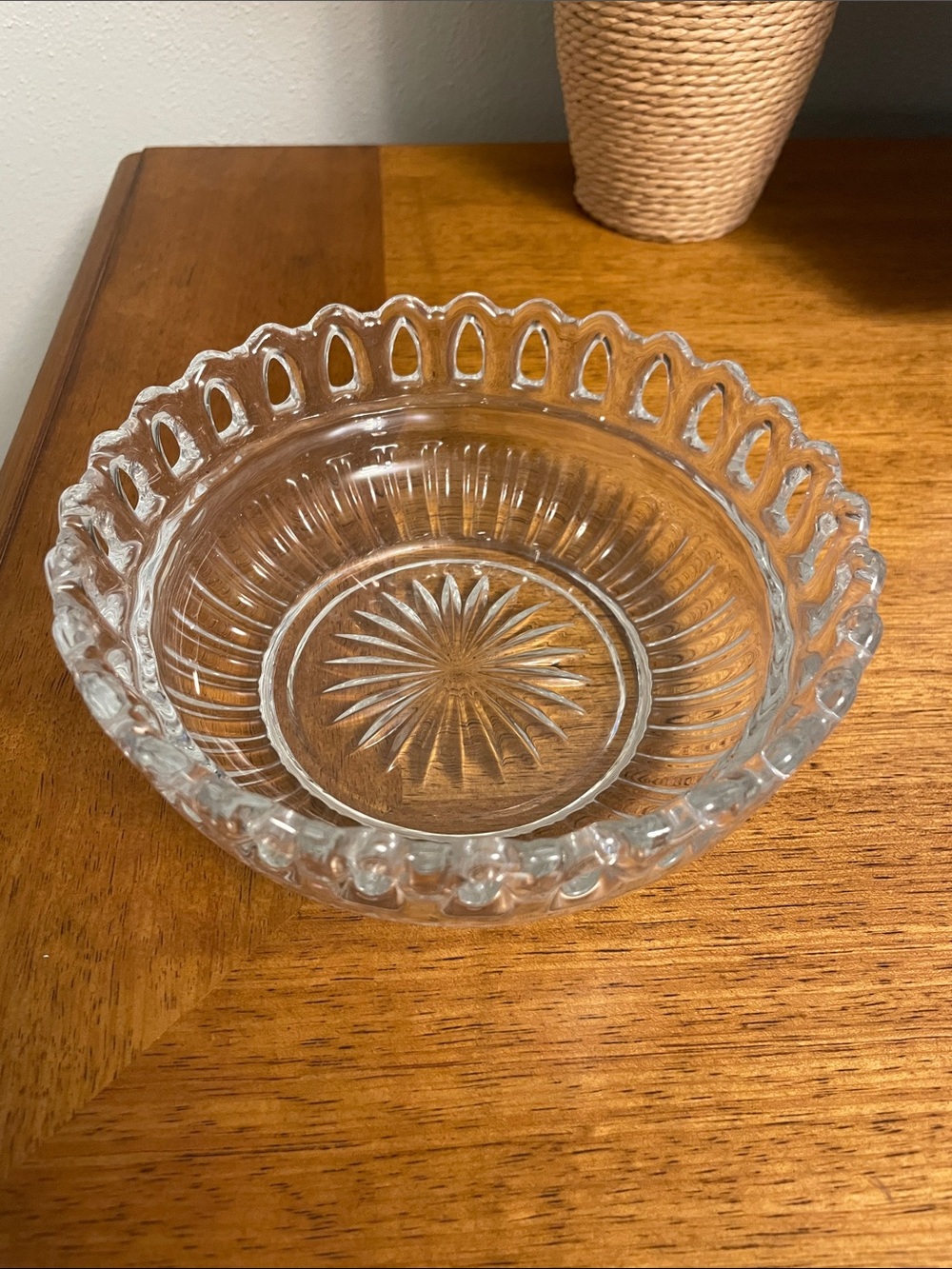 Unique Clear Glass Bowl Candy Dish with Scalloped Cutout Lace Rim & Starburst